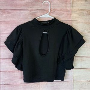 Mokoru Black‎ Cropped Keyhole Ruffle Sleeve Top Size Large
